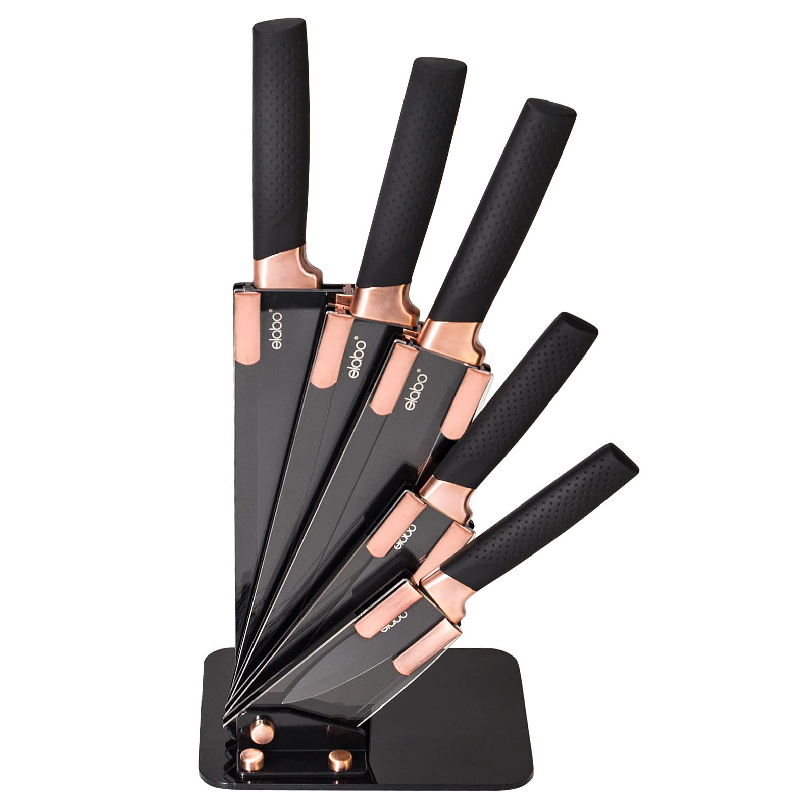 elabo 5 Piece Black Kitchen Knife Set with Stand - Stainless Steel Non-Stick Coating Knives, Rose Gold Handle