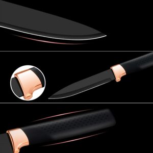 elabo 5 Piece Black Kitchen Knife Set with Stand - Stainless Steel Non-Stick Coating Knives, Rose Gold Handle