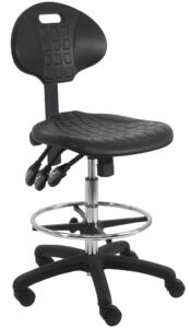 benchpro deluxe chrome & firm polyurethane foam chair with 18” adjustable footring, 3 lever control, 21"-31" height adjustment and 450 lbs capacity.