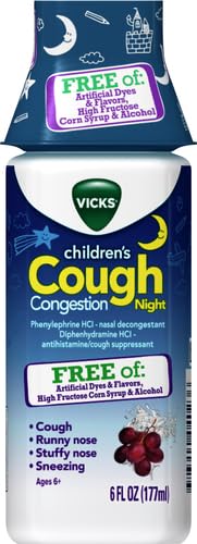 Vicks Children's Nighttime Cough & Congestion Relief, FREE OF: Artificial Dyes & Flavors, High Fructose Corn Syrup & Alcohol, Grape Flavor, For Children Ages 6+, 6 FL OZ