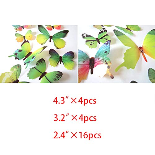 JYPHM 24PCS 3D Butterfly Wall Decal Removable Stickers Decor for Kids Room Decoration Home and Bedroom Art Mural Green