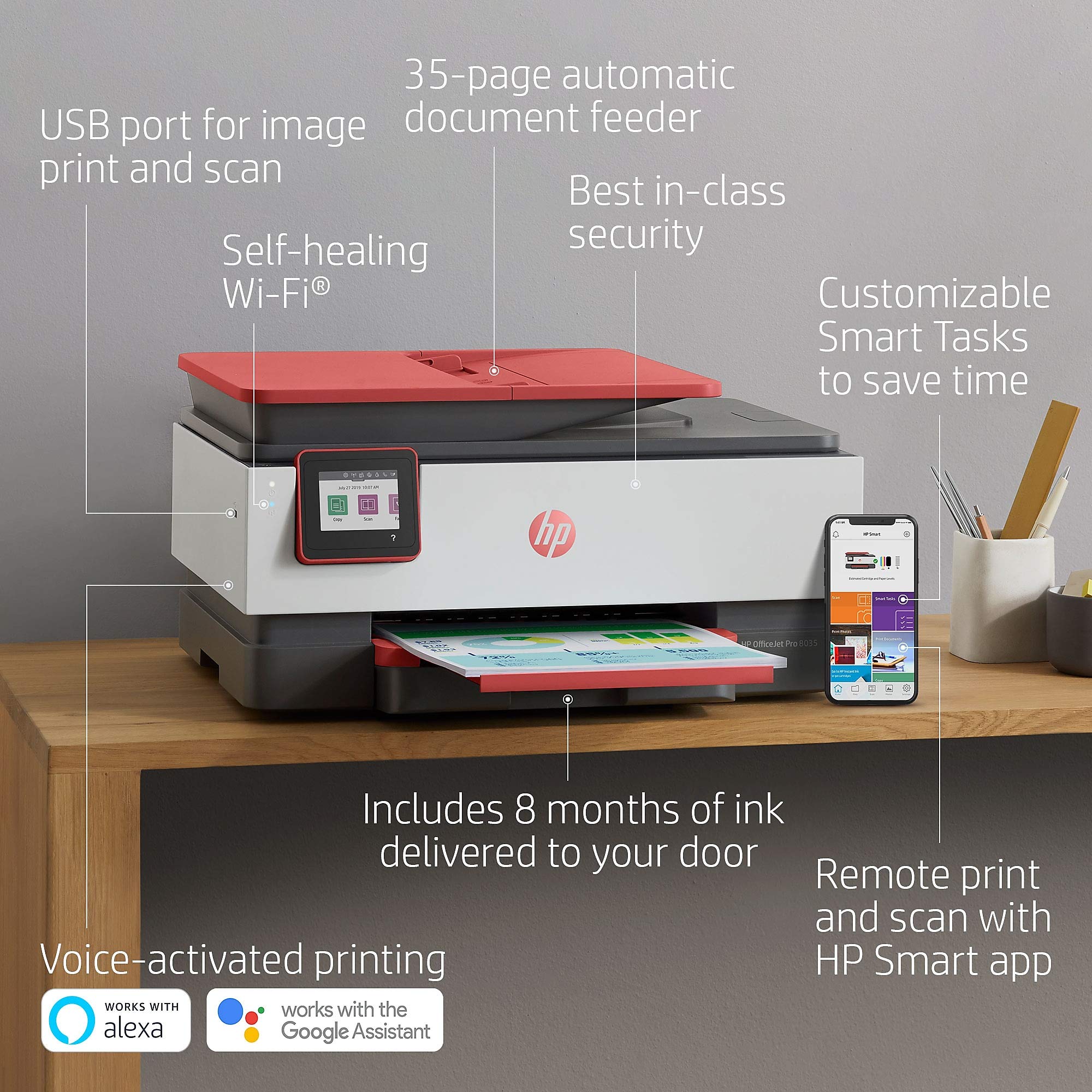 HP OfficeJet Pro 8035 All-in-One Wireless Printer - Includes 8 Months of Ink, HP Instant Ink, Works with Alexa - Coral (4KJ65A)