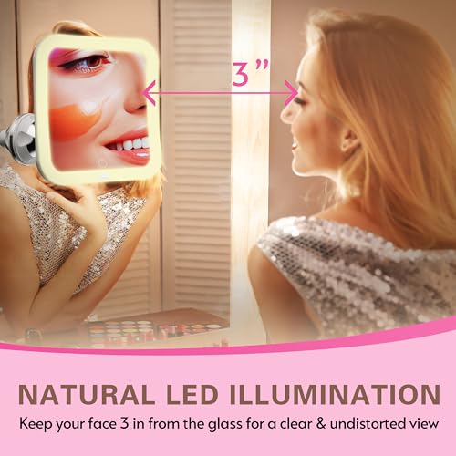 Upgraded 10x Magnifying Lighted Makeup Mirror with Natural White LED Lights, 360°Swivel Portable Cordless Makeup Mirrors with Locking Suction Base for Home Bathroom Shower and Travel (Medium)