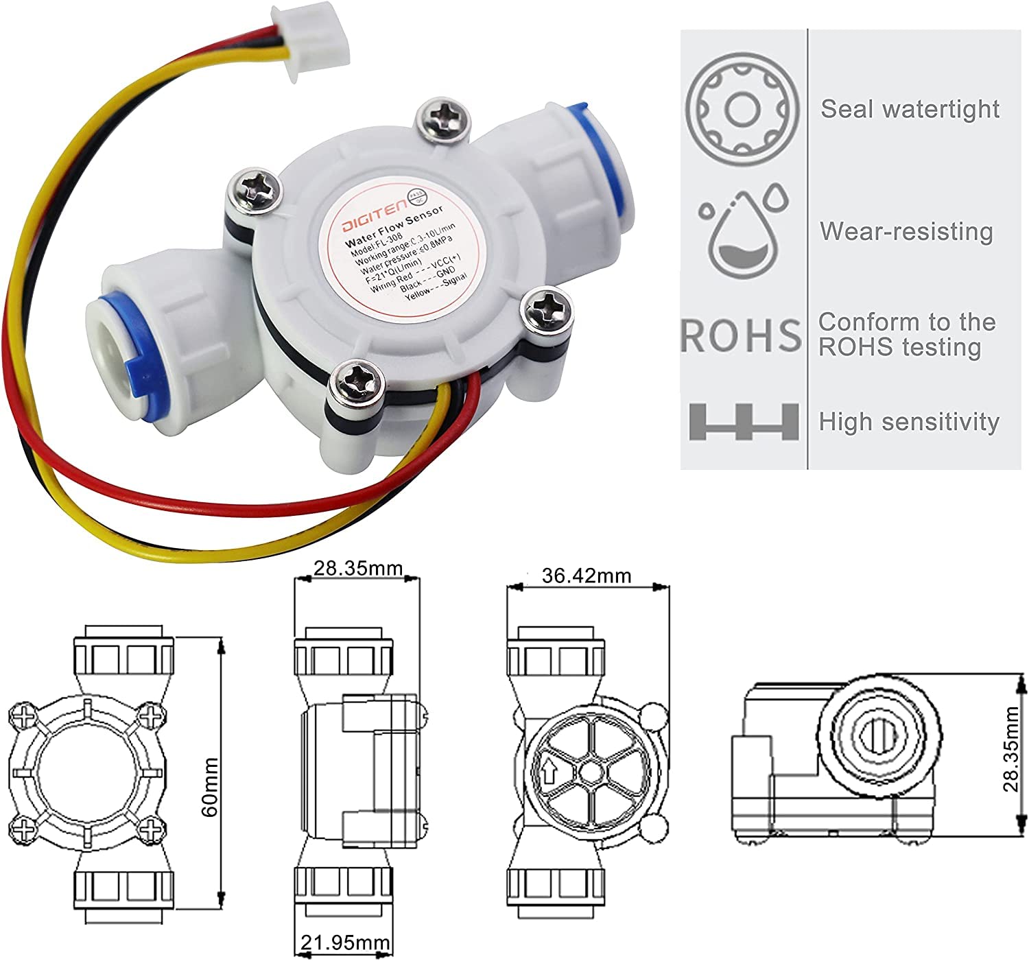 DIGITEN G3/8" Quick Connect Hall Effect Sensor Water Flow Sensor Food-Grade Flowmeter Water Flow Counter Meter 0.3-10L/min - Arduino, Raspberry Pi, and Reverse Osmosis Filter Compatible