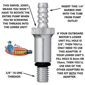 Slippery Pete - Lower Unit Gear Oil Pump for Standard Quart Bottles, Includes 3/8 inch Metal Swivel, 8mm and 10mm Adapters Fit Most Marine Boat Outboard Motors (NOT COMPATIBLE WITH VOLVO PENTA)