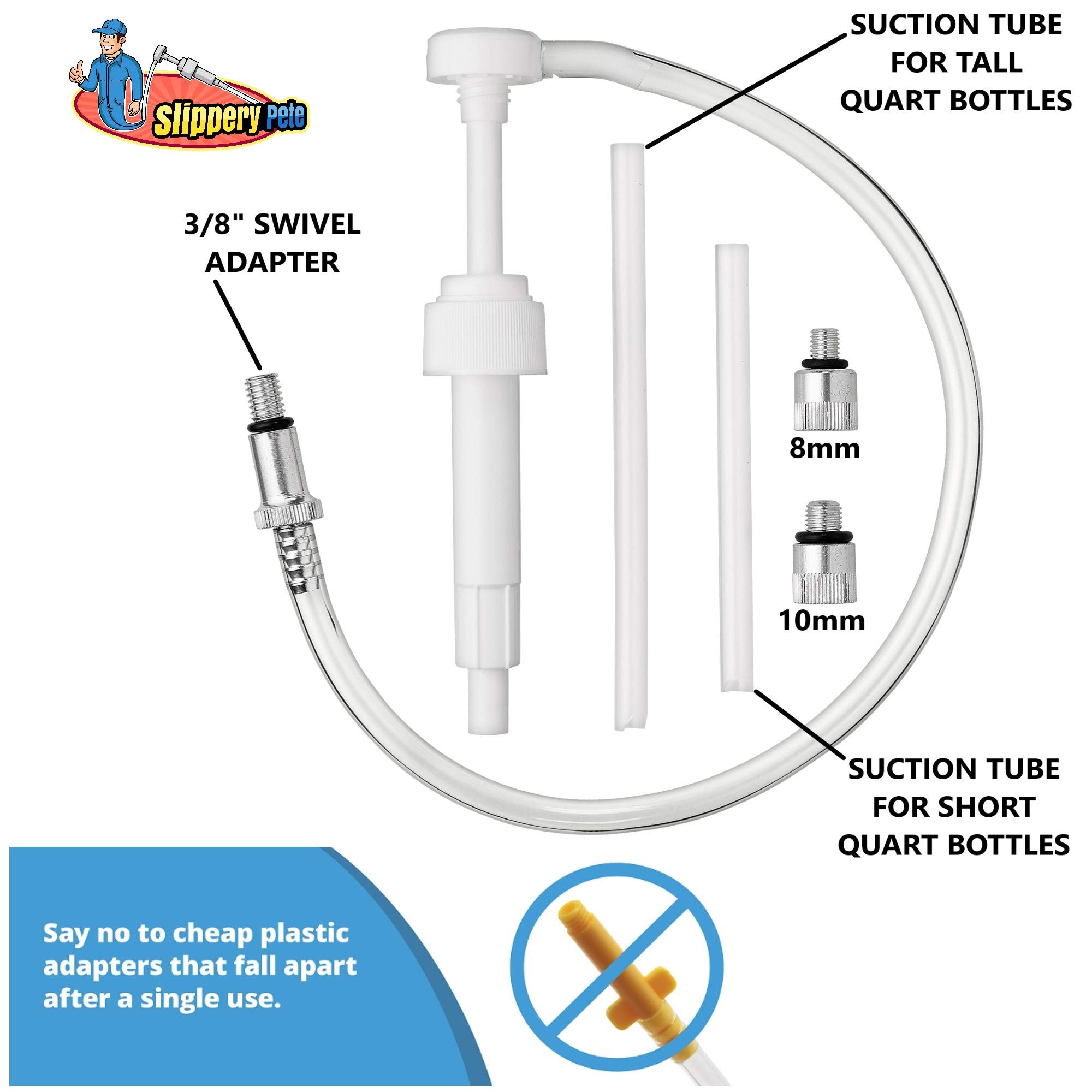 Slippery Pete - Lower Unit Gear Oil Pump for Standard Quart Bottles, Includes 3/8 inch Metal Swivel, 8mm and 10mm Adapters Fit Most Marine Boat Outboard Motors (NOT COMPATIBLE WITH VOLVO PENTA)