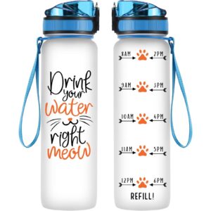 coolife 32oz 1 liter motivational tracking water bottle w/hourly time marker - drink your water right meow - mothers day, funny birthday gifts for women, cat lover, cat mom, cat lady, best friend