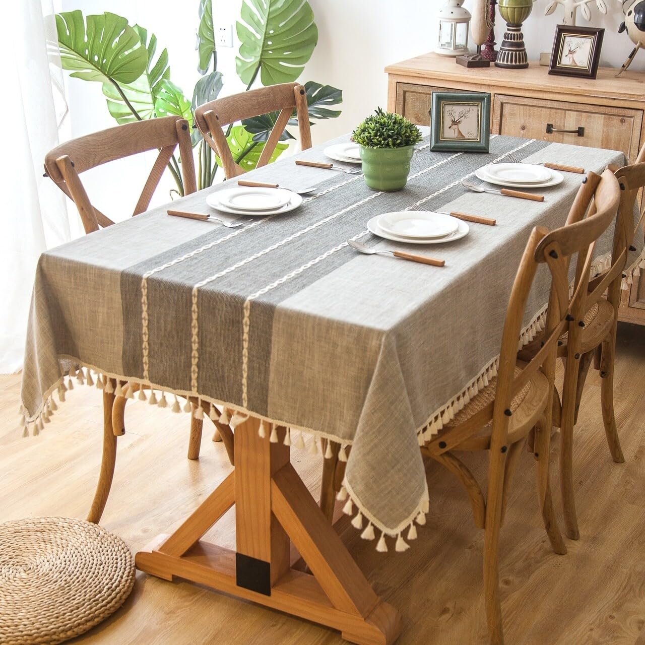 ENOVA HOME Elegant Rectangular Thicken Cotton and Linen Tablecloth with Tassels Dust Proof Table Cover for Kitchen Dinning Tabletop Decoration (Light Grey, 54"x 78")