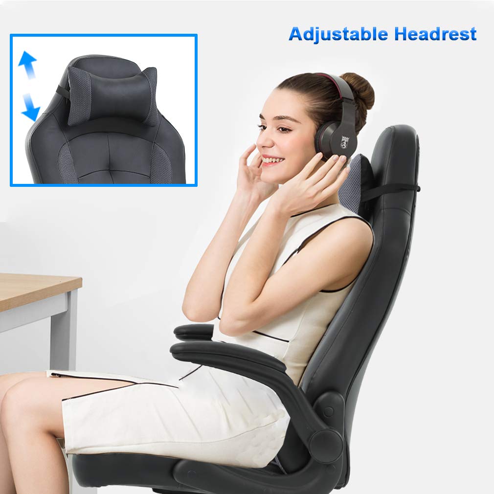 BestOffice PC Gaming Chair Ergonomic Office Chair Desk Chair with Lumbar Support Flip Up Arms Headrest PU Leather Executive High Back Computer Chair for Adults Women Men (Grey)