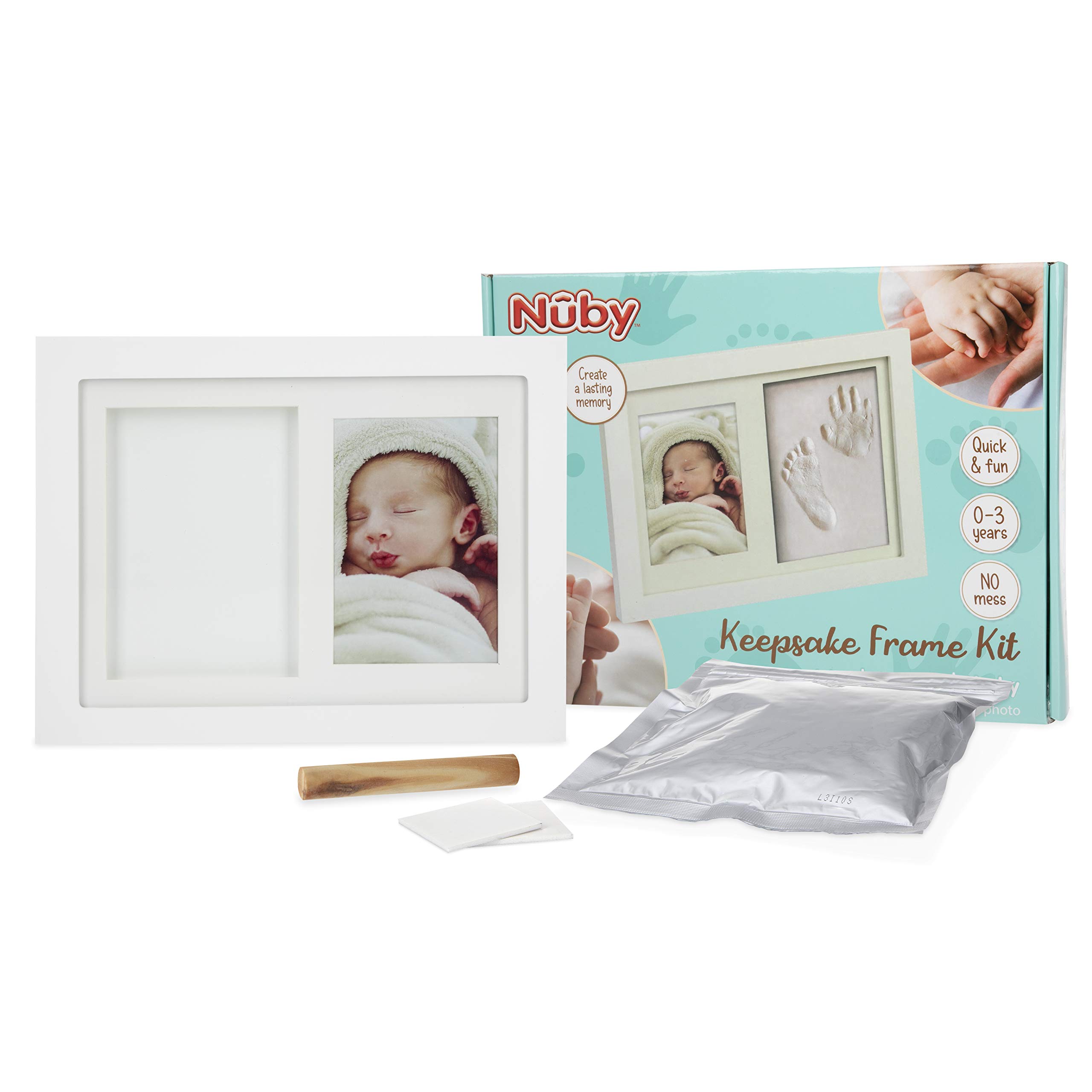 Nuby Baby Keepsake Classic White Wooden Wall Decor Frame That Holds One 3.5 x 5" Photo & 1 Clay Print Kit for Newborn Girls & Boys, Personalized Baby Gift