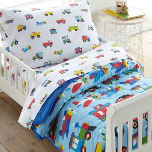 wildkin 100% cotton 4 piece toddler bed-in-a-bag for boys & girls, bedding set includes comforter, flat sheet, fitted sheet & pillowcase, bed set for cozy cuddles (trains, planes & trucks)