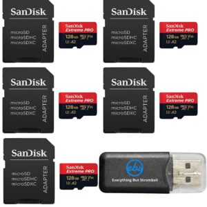 SanDisk 128GB Micro SDXC Extreme Pro Memory Card (Five Pack) Works with GoPro Hero 7 Black, Silver, Hero7 White UHS-1 U3 A2 Bundle with (1) Everything But Stromboli Micro Card Reader