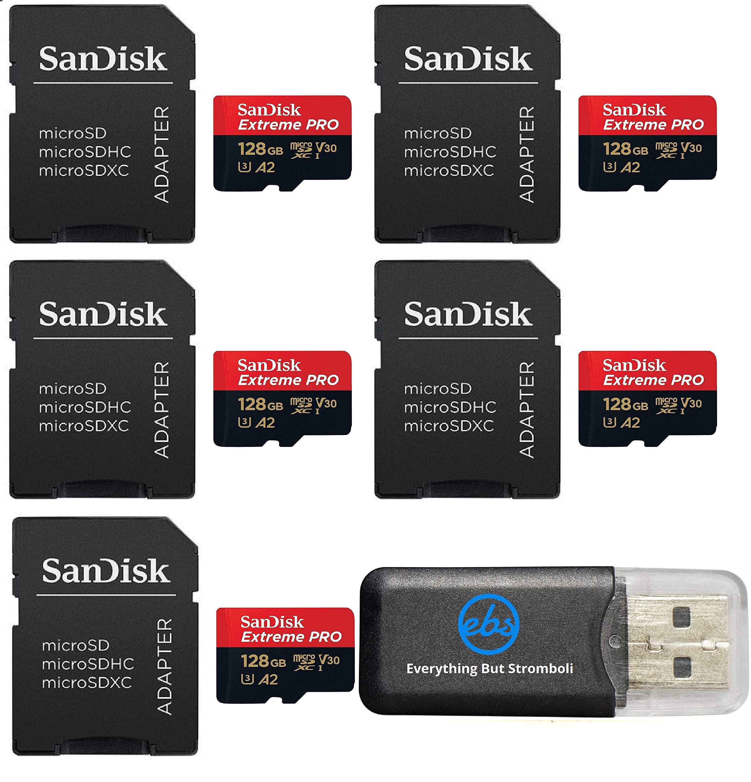 SanDisk 128GB Micro SDXC Extreme Pro Memory Card (Five Pack) Works with GoPro Hero 7 Black, Silver, Hero7 White UHS-1 U3 A2 Bundle with (1) Everything But Stromboli Micro Card Reader