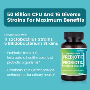 Zentastic Probiotics & Prebiotics Supplement - 50 Billion CFU - for Men & Women’s Immune & Digestive Health - 16 Strains - Shelf Stable - 60 Delayed Release Veggie Capsules