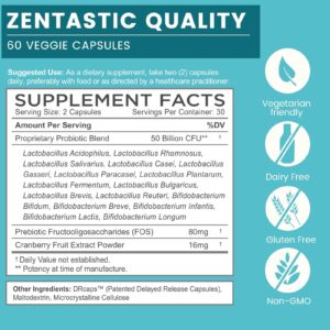 Zentastic Probiotics & Prebiotics Supplement - 50 Billion CFU - for Men & Women’s Immune & Digestive Health - 16 Strains - Shelf Stable - 60 Delayed Release Veggie Capsules