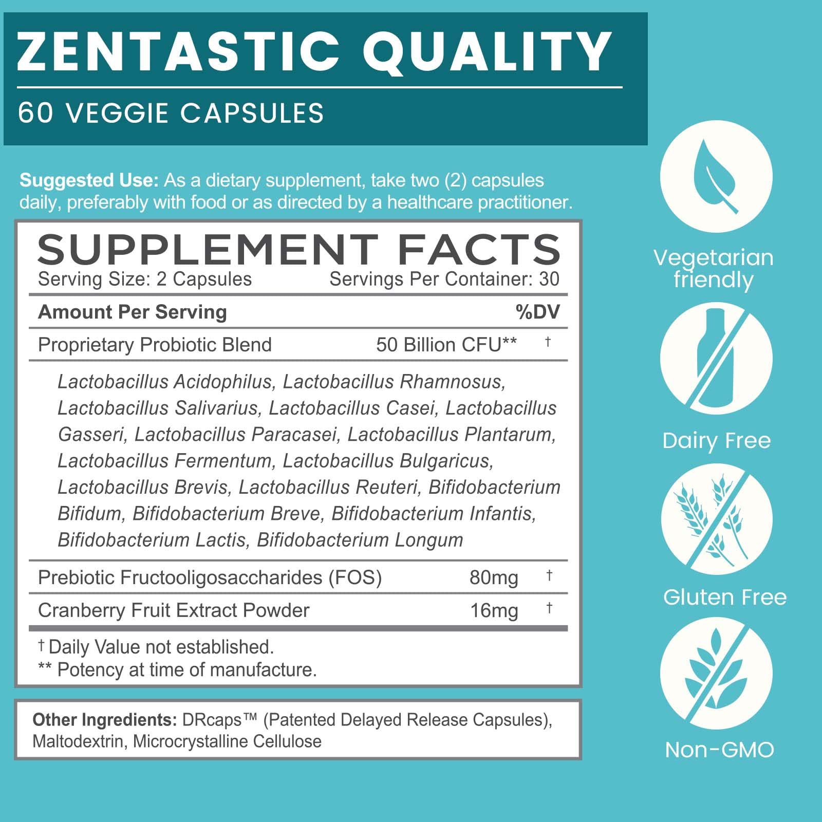 Zentastic Probiotics & Prebiotics Supplement - 50 Billion CFU - for Men & Women’s Immune & Digestive Health - 16 Strains - Shelf Stable - 60 Delayed Release Veggie Capsules