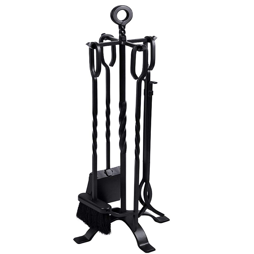 AMAGABELI GARDEN & HOME 5 Pieces Fireplace Tools Set Indoor Wrought Iron Fire Place Pit Large Poker Wood Stove Log Firewood Tongs Holder with Handles Modern Black Outdoor Accessories Kit