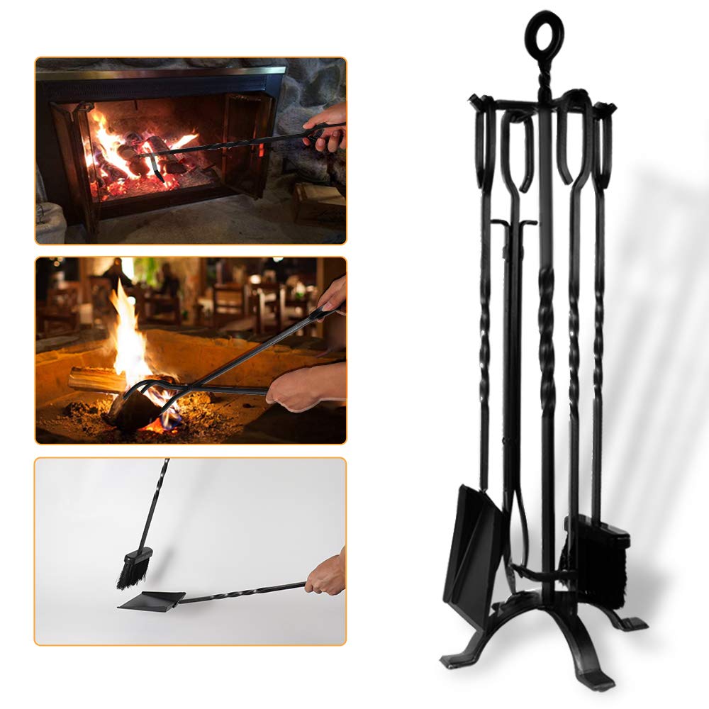 AMAGABELI GARDEN & HOME 5 Pieces Fireplace Tools Set Indoor Wrought Iron Fire Place Pit Large Poker Wood Stove Log Firewood Tongs Holder with Handles Modern Black Outdoor Accessories Kit