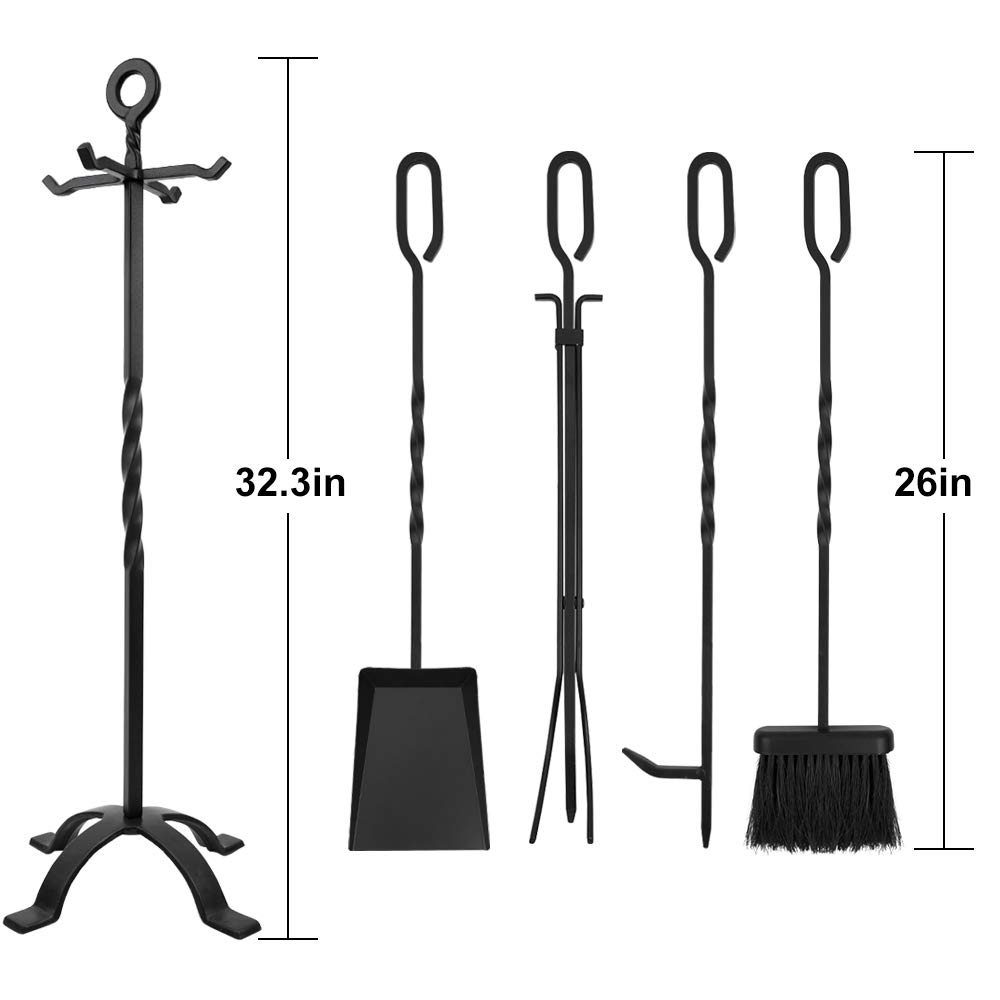 AMAGABELI GARDEN & HOME 5 Pieces Fireplace Tools Set Indoor Wrought Iron Fire Place Pit Large Poker Wood Stove Log Firewood Tongs Holder with Handles Modern Black Outdoor Accessories Kit