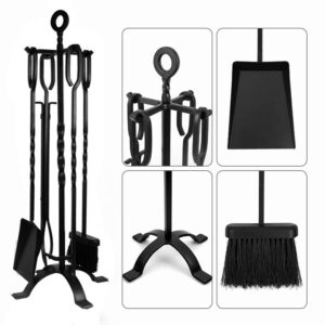 AMAGABELI GARDEN & HOME 5 Pieces Fireplace Tools Set Indoor Wrought Iron Fire Place Pit Large Poker Wood Stove Log Firewood Tongs Holder with Handles Modern Black Outdoor Accessories Kit