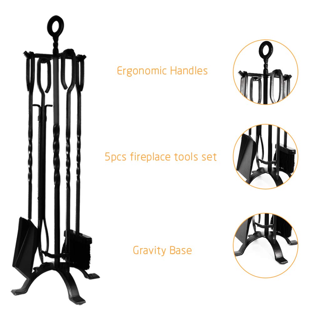 AMAGABELI GARDEN & HOME 5 Pieces Fireplace Tools Set Indoor Wrought Iron Fire Place Pit Large Poker Wood Stove Log Firewood Tongs Holder with Handles Modern Black Outdoor Accessories Kit