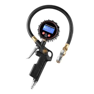 czc auto digital tire inflator pressure gauge, led display tyre deflator gage with straight brass lock-on chuck rubber hose, compatible with air pump compressor for truck bus rv car motorcycle bike