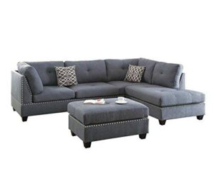 poundex bold and beautiful 3-piece sectional sofa grey w/silver studs