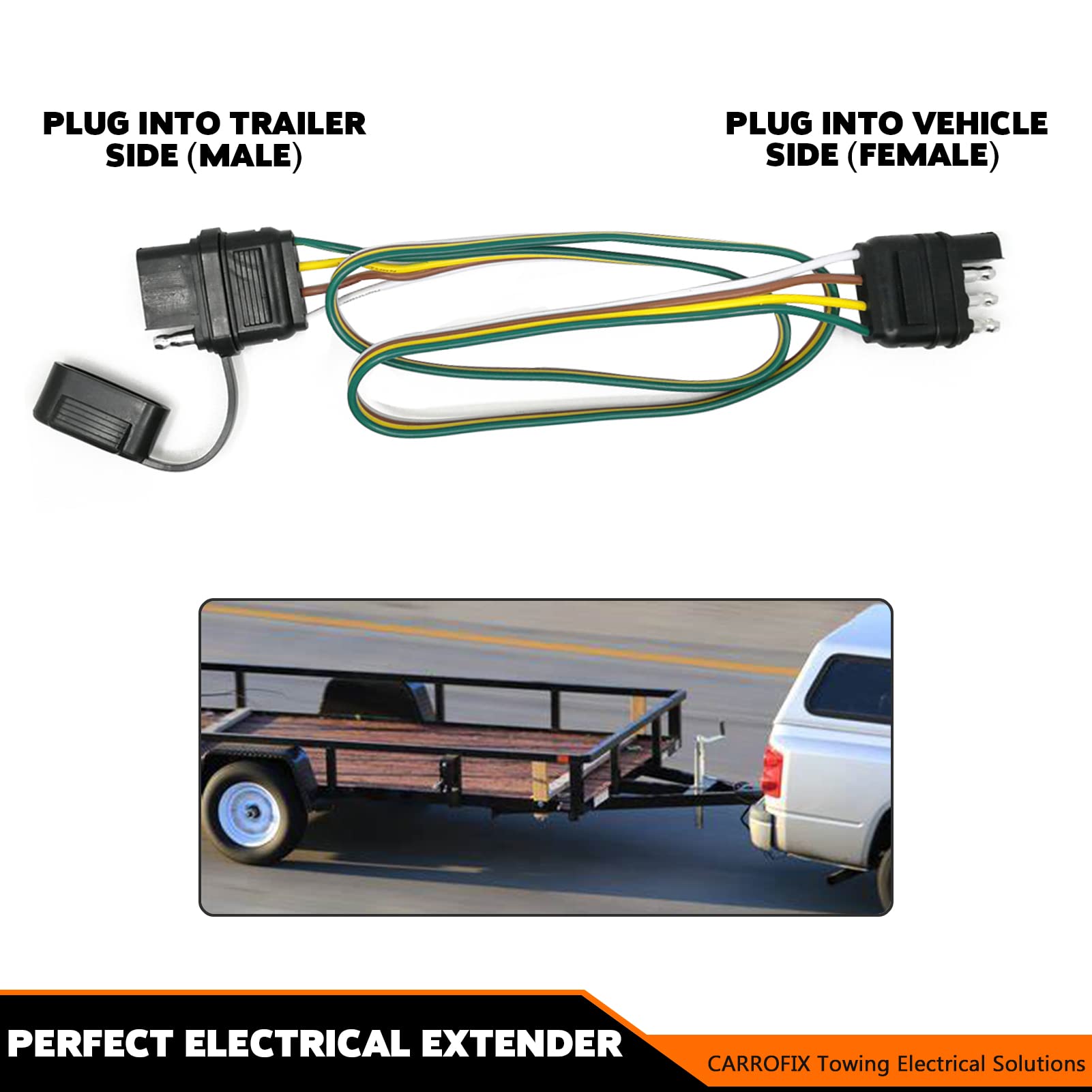 CARROFIX Trailer 4 Wire Plug 32" inch 4 Pin Flat Wire Extension Male & Female Connector