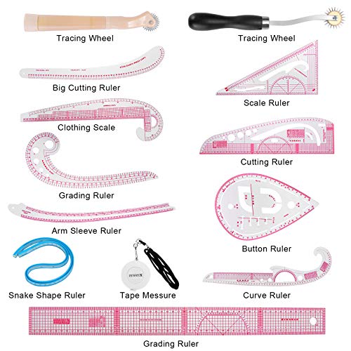 13PCS Styling Sewing French Curve Ruler Set, Dress Makers Ruler Clear Sewing Tailors Pattern Making Ruler for Fashion Design and Guides for Fabric (English Language Mark on Rulers)