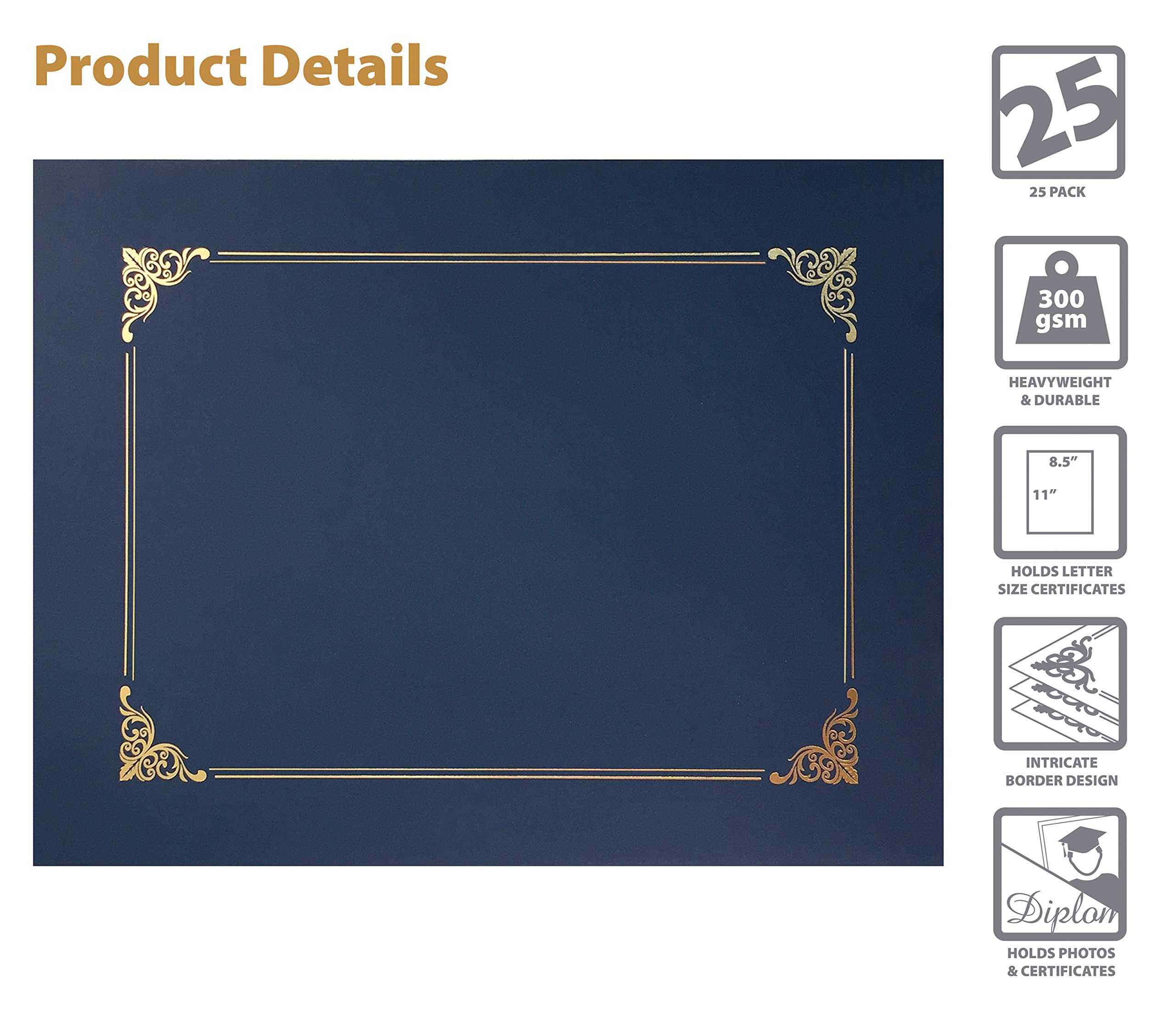 Better Office Products 25 Pack Navy Blue Certificate Holders, Diploma Holders, Document Covers with Gold Foil Border, for Letter Size Paper, 25 Count, Blue