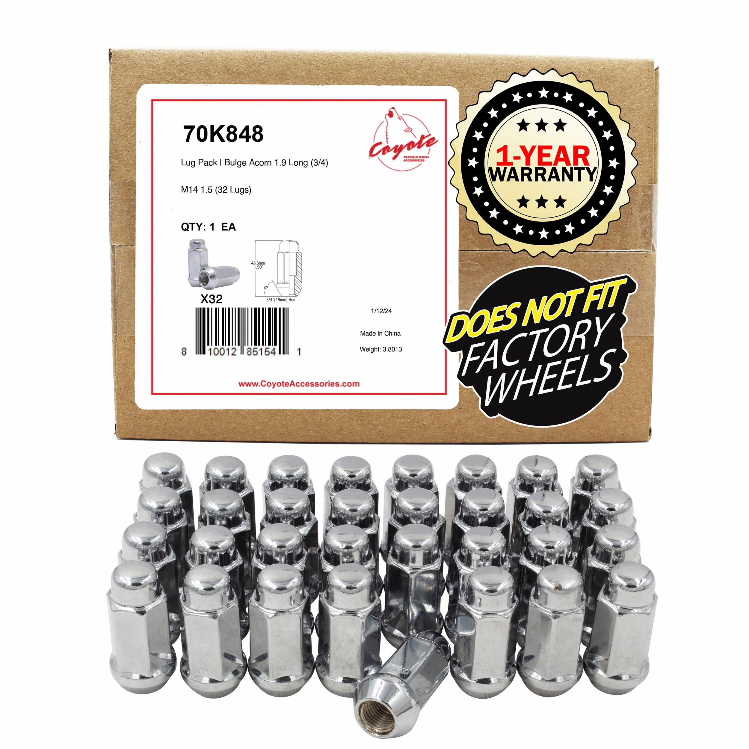 Wheel Accessories Parts 32 Pcs M14x1.5 14x1.5 Thread Bulge Acorn 1.90" Long Lug Nuts Chrome 3/4" 19mm Hex Fits 1999+ Chevrolet Silverado GMC Sierra 2500 3500 Ford 2005+ F250 F350 2011+ Ram 2500 3500