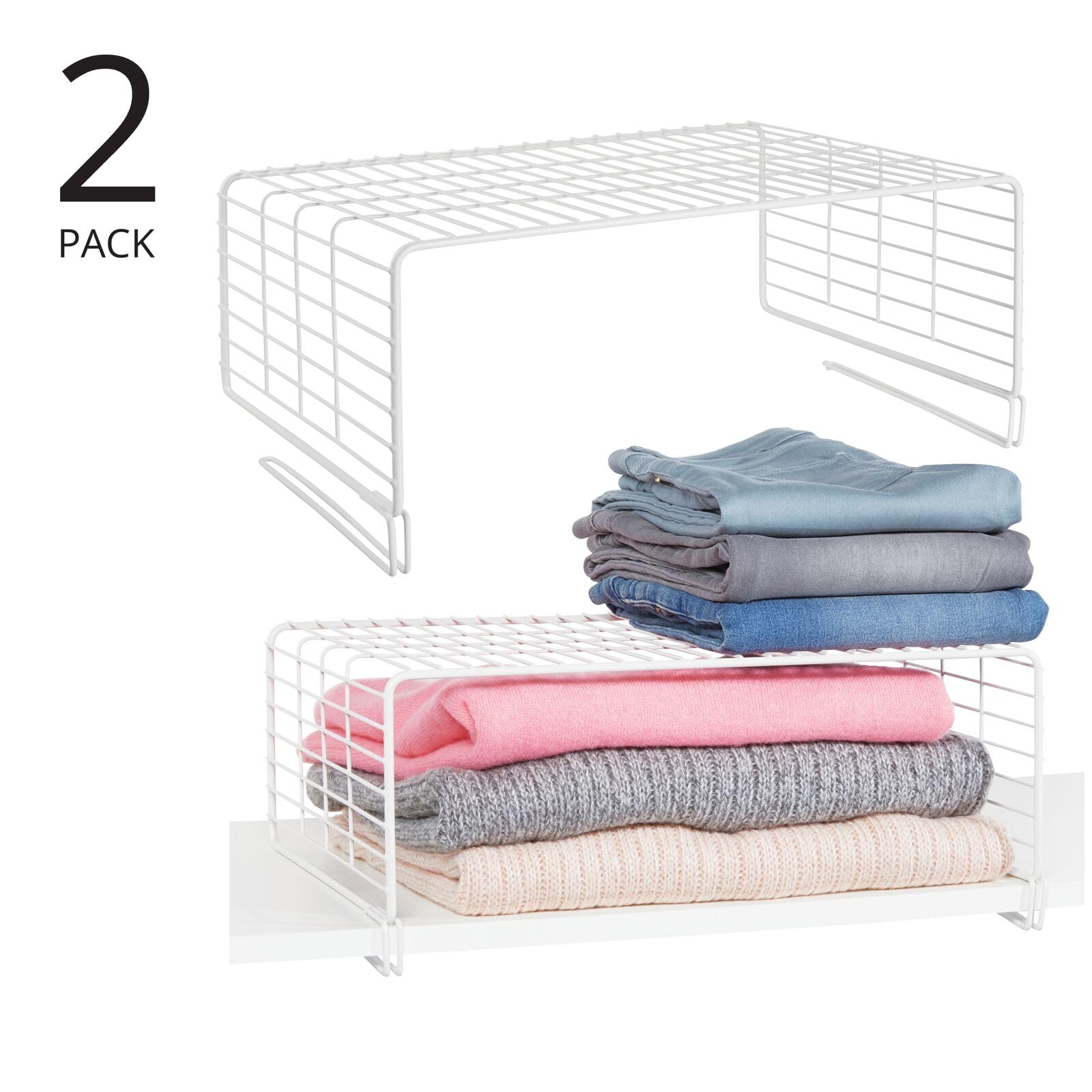 mDesign Modern Versatile Metal Closet, Cabinet Organizer Storage 2-Tier Shelf Divider and Separator for Bedrooms, Bathrooms, Entryways, Hallways, Kitchen Pantry, Office - Easy Install, 2 Pack - White