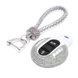pgone luxury bling crystal diamond lady key fob case cover keychain compatible with mini cooper 3/4 buttons keyless entry remote control smart key protective shell bag f54 f55 f56 f57 f60 (silver)