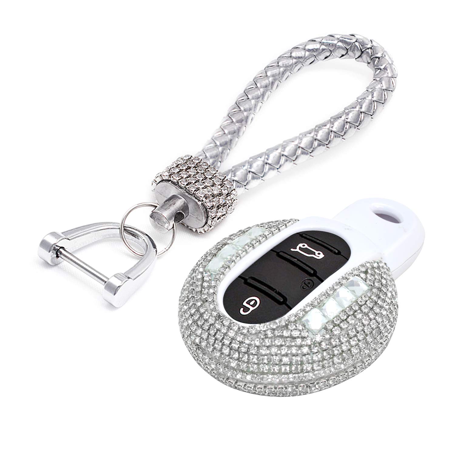 PGONE Luxury Bling Crystal Diamond Lady Key Fob Case Cover KeyChain Compatible with MINI COOPER 3/4 Buttons Keyless Entry Remote Control Smart Key Protective Shell Bag F54 F55 F56 F57 F60 (Silver)