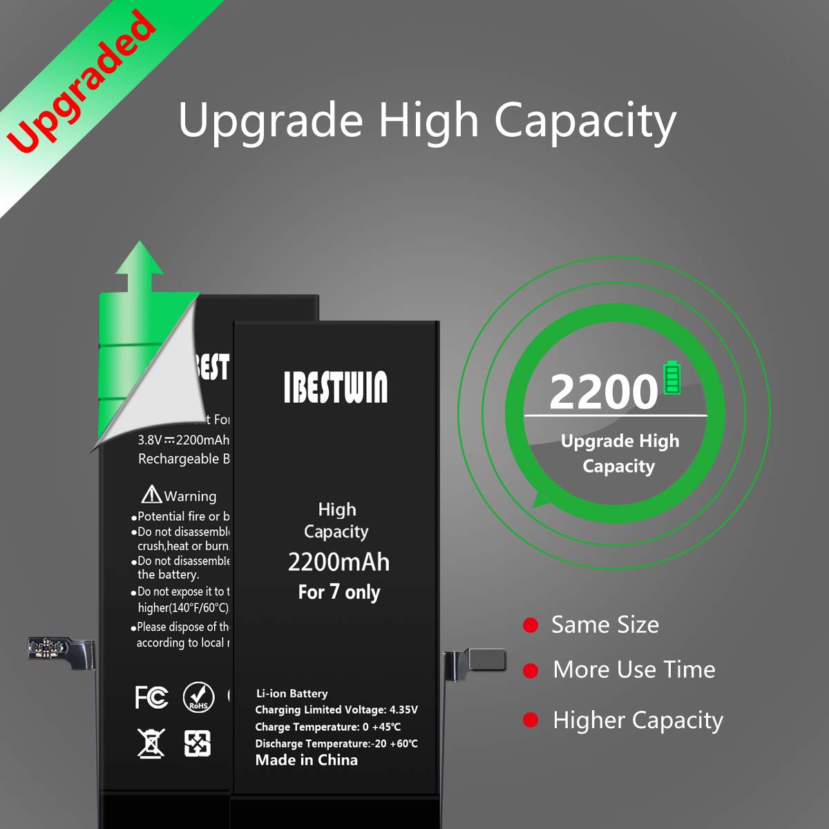 IBESTWIN Battery for iPhone 7 High Capacity 2200mAh Replacement Battery for IP 7 with Full Remove Tool Kit Adhesive and Instruction-3 Years Warranty