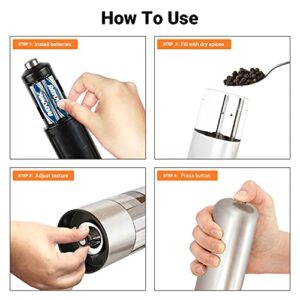 Electric Salt and Pepper Grinder Set - Automatic, Refillable, Battery Operated Stainless Steel Pepper Mill and Salt Grinder with Light - One Handed Push Button Salt and Pepper Shakers