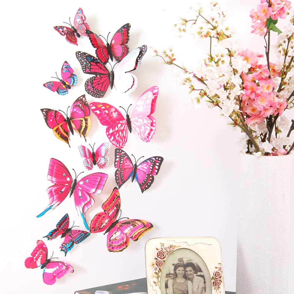 JYPHM 24PCS 3D Butterfly Wall Decal Double Wings Removable Refrigerator Magnets Stickers Decor for Kids Room Decoration Home and Bedroom Art Mural Red