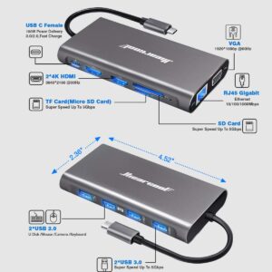 Hiearcool USB C Hub, USB-C Laptop Docking Station, 11IN1 Triple Display Type C Adapter Compatible for Dell Hp Lenovo Windows (2HDMI VGA PD3.0 SD TF Card Reader Gigabit Ethernet 4USB Ports)