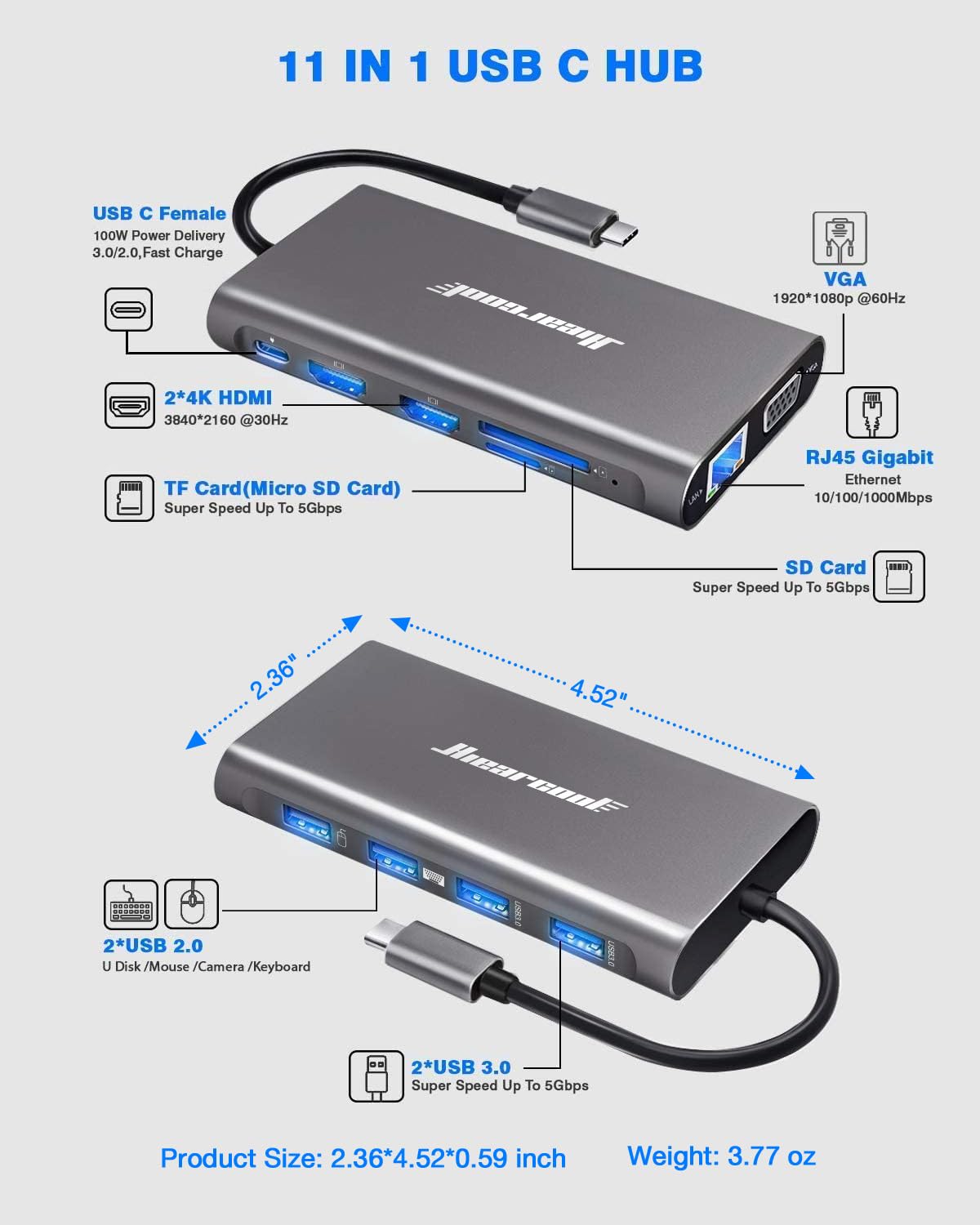 Hiearcool USB C Hub, USB-C Laptop Docking Station, 11IN1 Triple Display Type C Adapter Compatible for Dell Hp Lenovo Windows (2HDMI VGA PD3.0 SD TF Card Reader Gigabit Ethernet 4USB Ports)