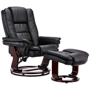 jc home contemporary black leather recliner and ottoman with swiveling mahogany wood base