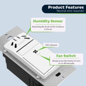 TOPGREENER Humidity Sensor Switch for Ventilation Fan, Air Moisture Detection, Bathroom Fan Automated Control, Adjustable Timing, Neutral Wire Required, UL Listed, TDHS5-N, White