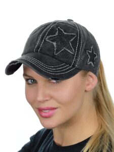 c.c ponycap messy high bun ponytail adjustable glitter star distressed baseball cap hat, black