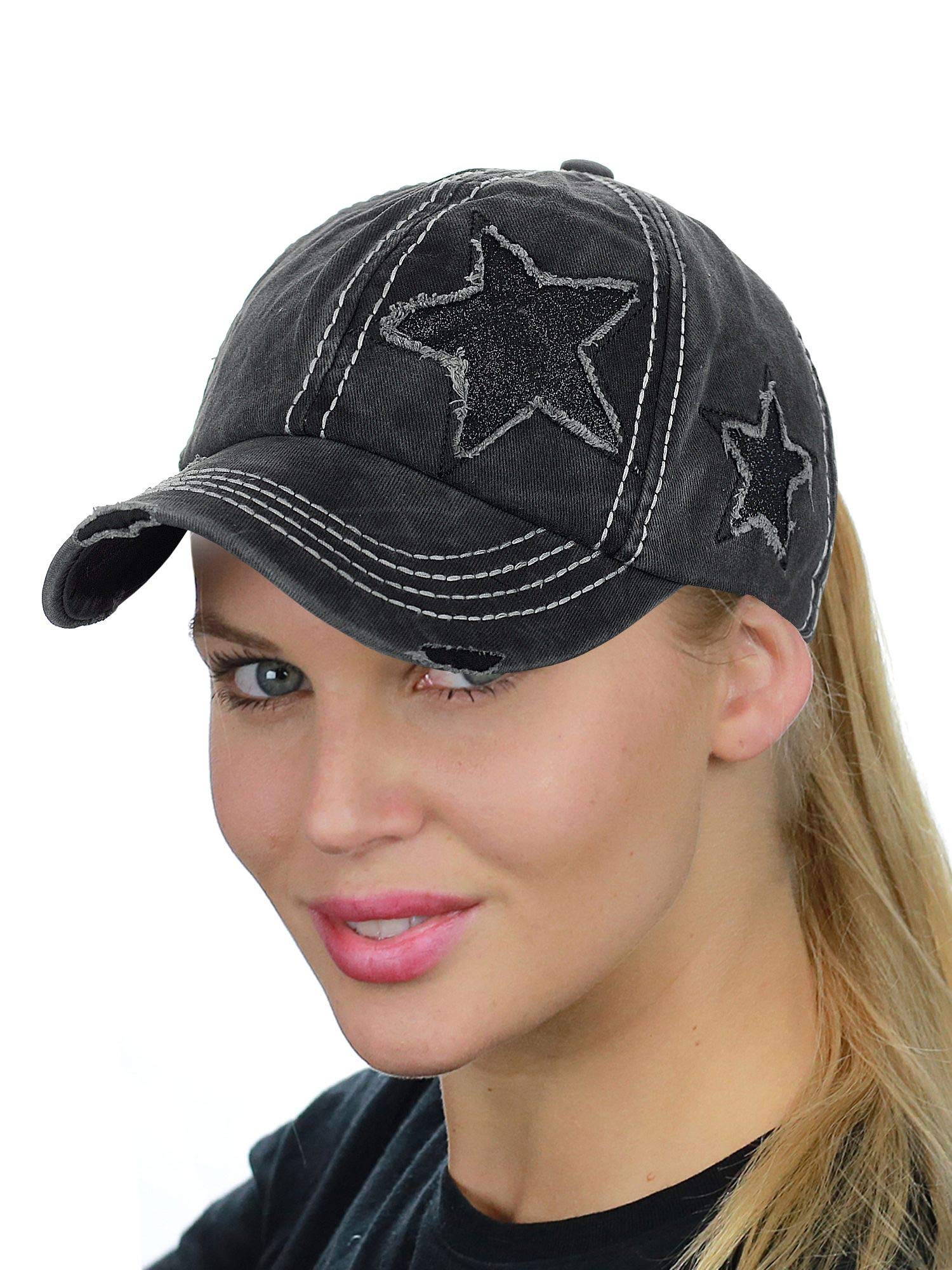 C.C Ponycap Messy High Bun Ponytail Adjustable Glitter Star Distressed Baseball Cap Hat, Black