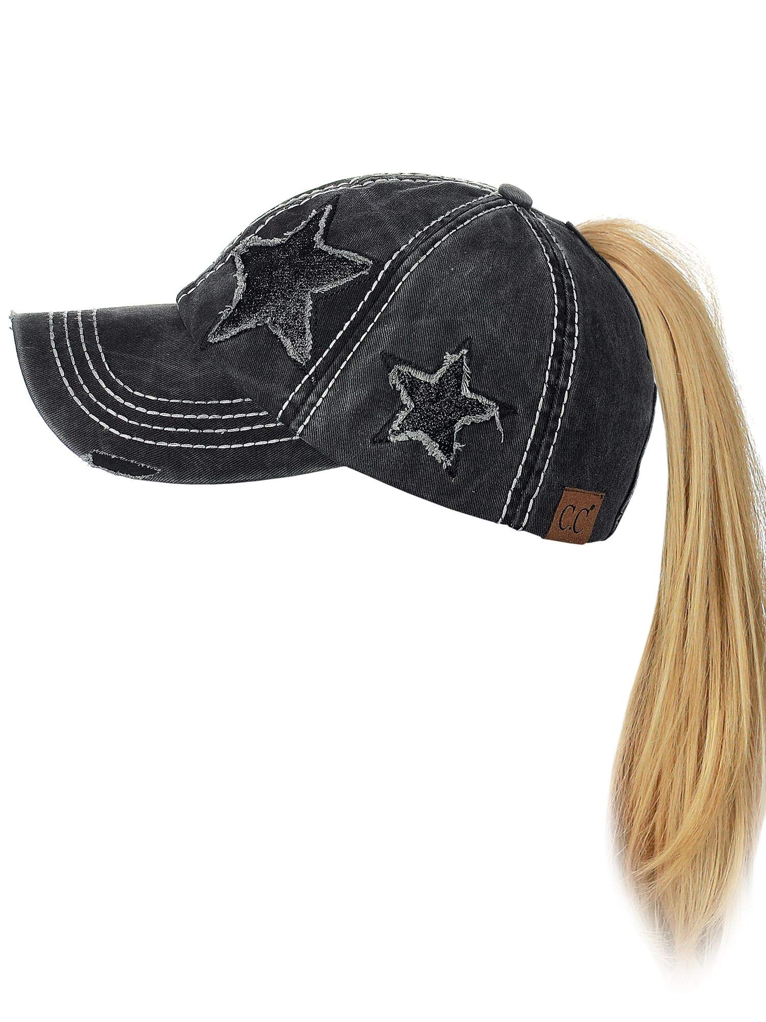 C.C Ponycap Messy High Bun Ponytail Adjustable Glitter Star Distressed Baseball Cap Hat, Black