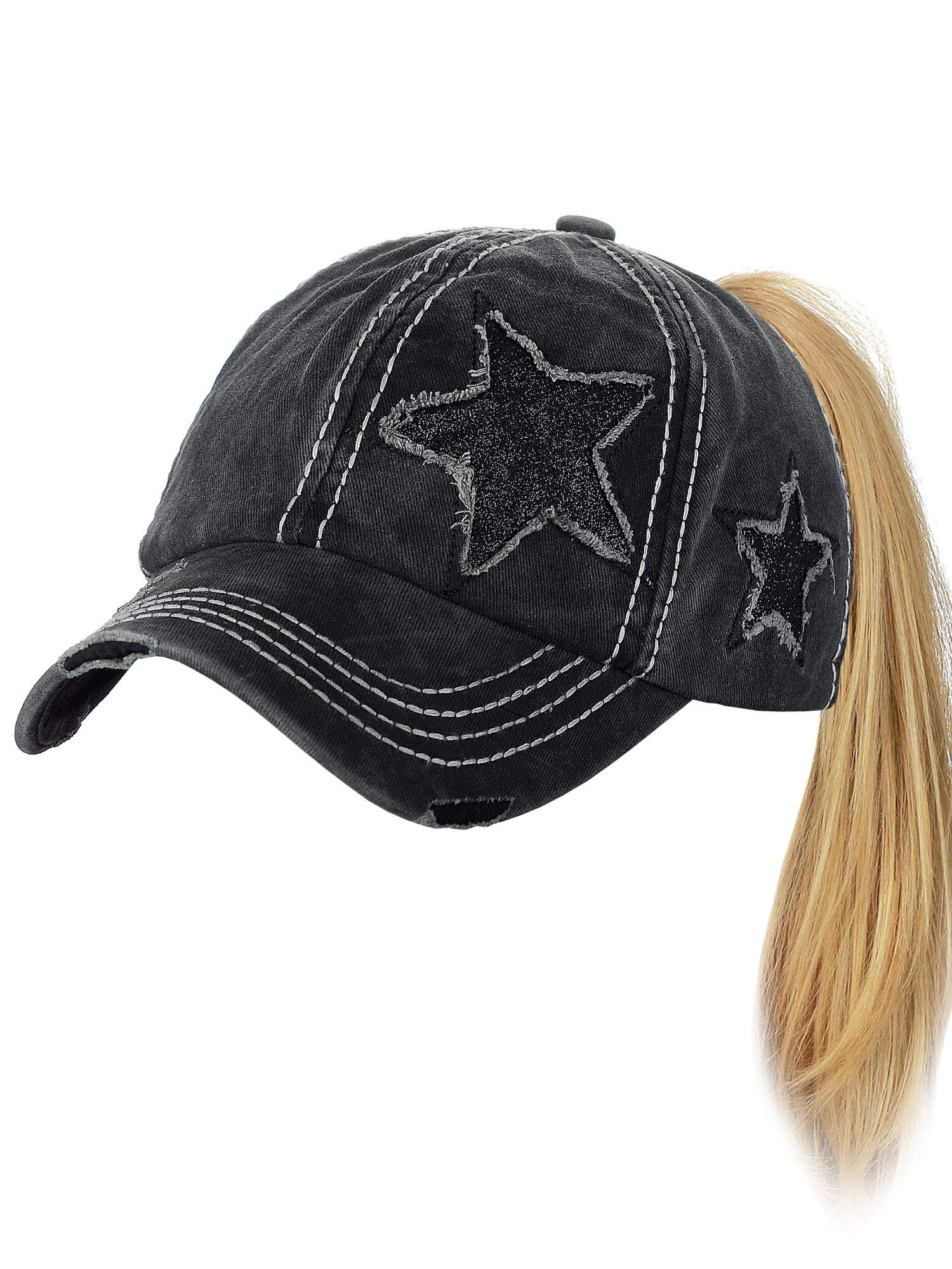 C.C Ponycap Messy High Bun Ponytail Adjustable Glitter Star Distressed Baseball Cap Hat, Black