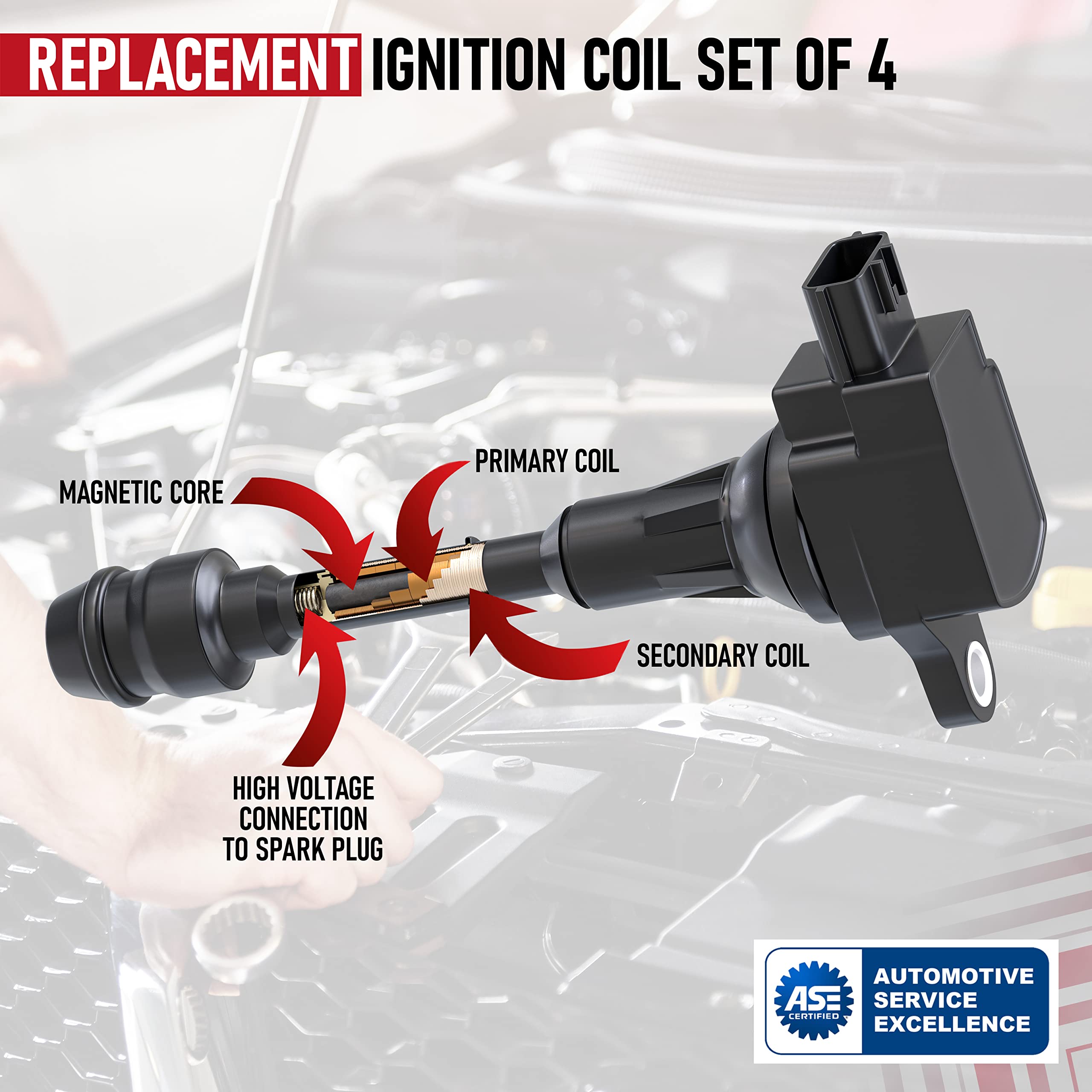 Ignition Coil Pack Set of 4 - Compatible with Nissan Vehicles - 2002, 2003, 2004, 2005, 2006 Altima 2.5L, Sentra 02, 03, 04, 05, 06 - Replaces 224488H300, 224488H315, 22448-8H310, 22448-8H311