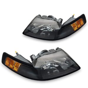 dwvo headlights assembly compatible with 99 00 01 02 03 04 1999-2004 ford mustang headlamp (black housing)