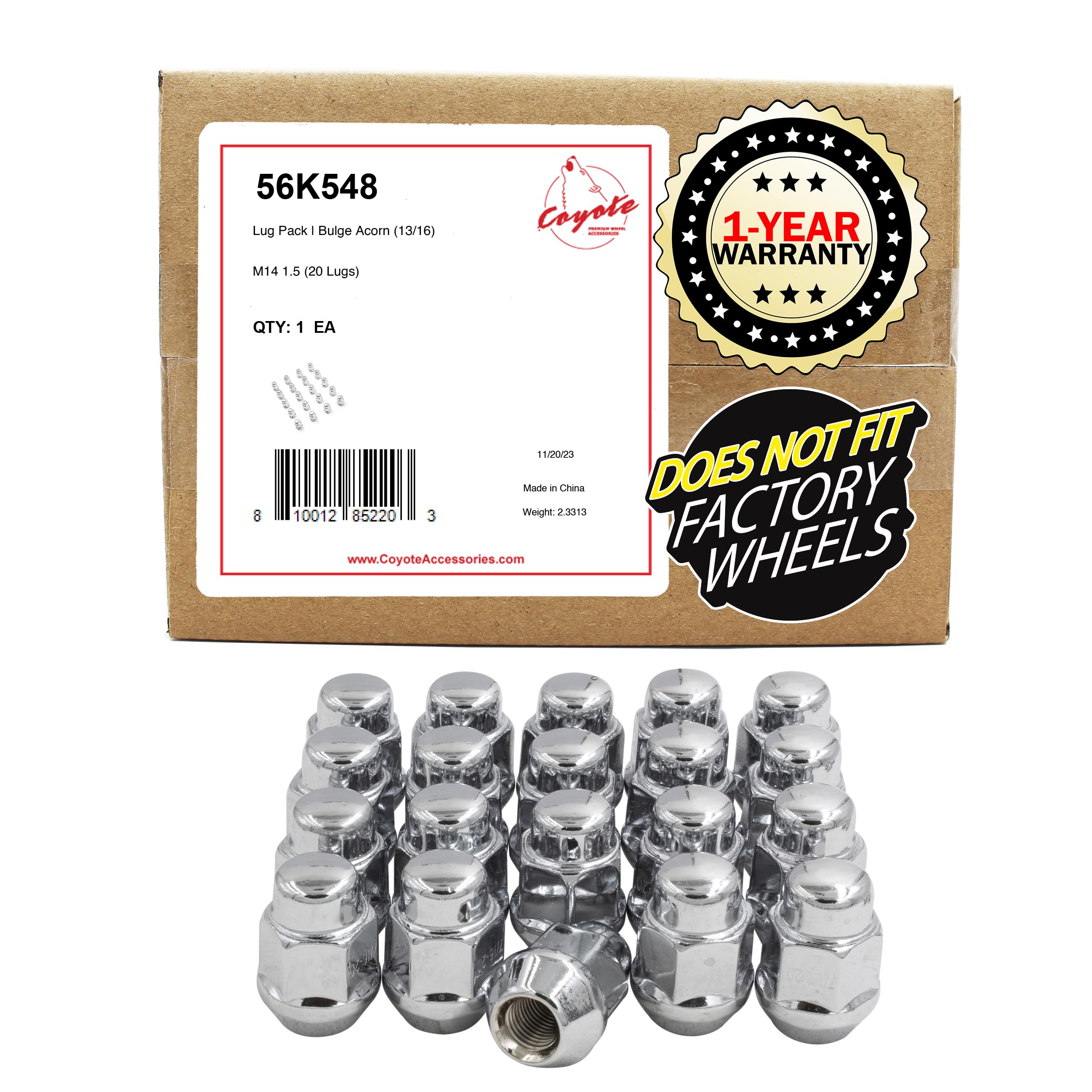 Wheel Accessories Parts 20 Pcs M14x1.5 14x1.5 Thread Bulge Acorn 35mm 1.38" Long Lug Nuts Chrome 13/16" 21mm Hex Fits 2010+ Chevy Camaro | Dodge Charger Challenger | 2014+ Ford Mustang