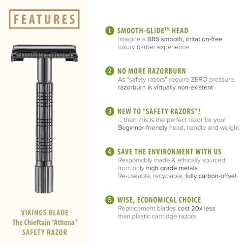 VIKINGS BLADE Safety Razor for Women + 5 Swedish Steel Blades. Quick Release Head, Double Edge. Smooth, Reusable, Eco-Friendly (Model: Athena)