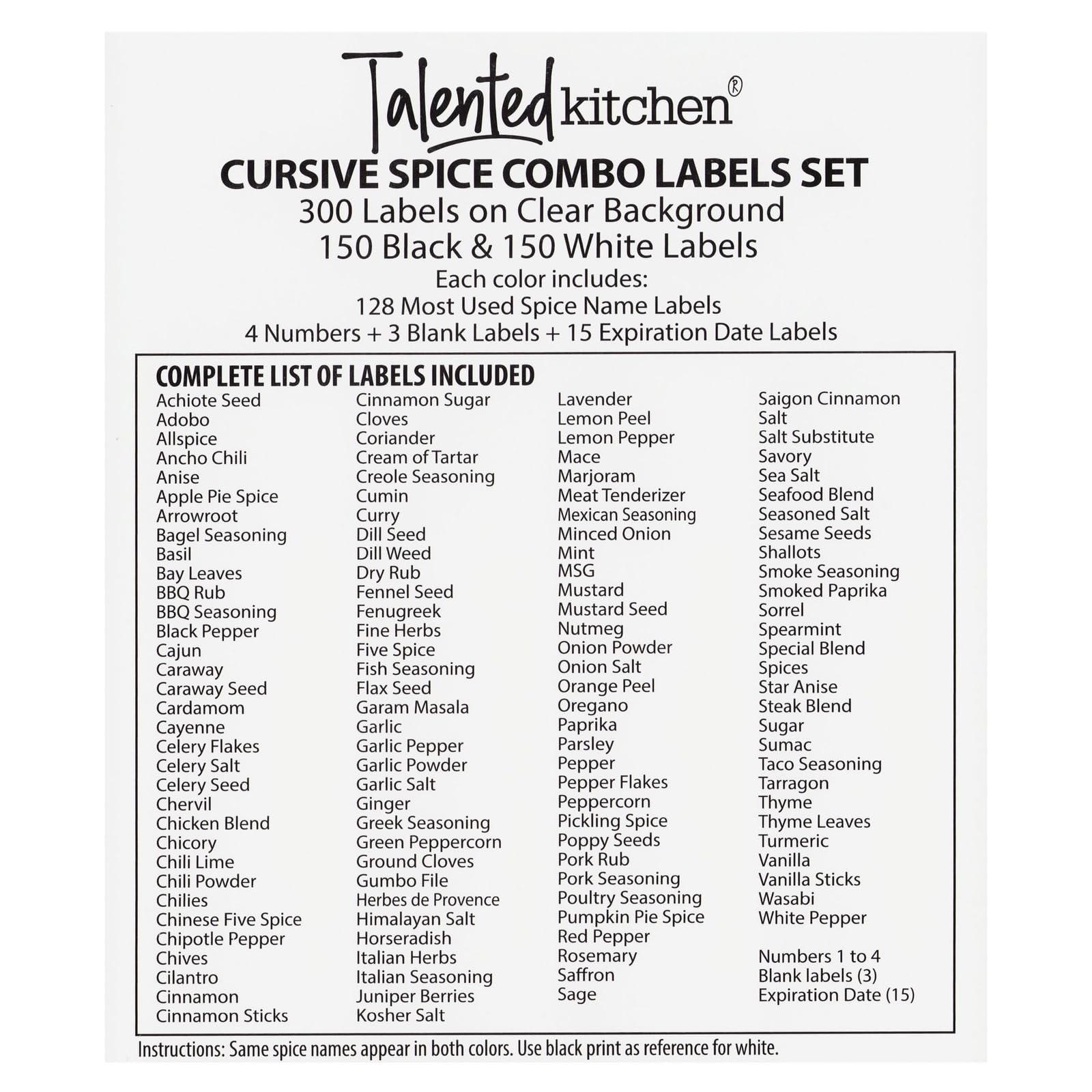 Talented Kitchen 300 Preprinted Spice Labels, Clear Spice Jar Labels for Seasoning, Herbs, Pantry and Kitchen Spice Rack Organization, Black and White Cursive Font